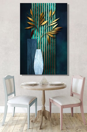 Dikey Kanvas Duvar Tablosu Tekli Salon Mutfak Yatak Odası Ofis Gold Yapraklı Modern Saksı Vazo Altın