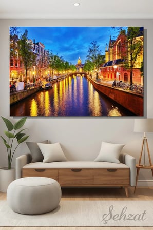 Kanvas Duvar Tablosu Yatay Tekli Salon Mutfak Yatak Odası Ofis Amsterdam Tarih Kanal Gece Işık