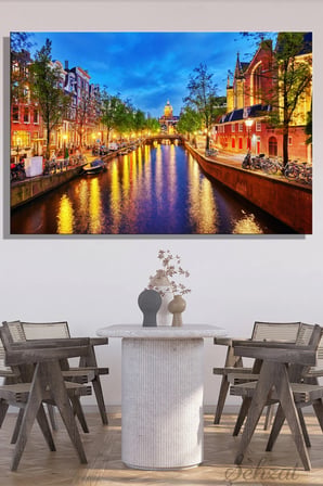 Kanvas Duvar Tablosu Yatay Tekli Salon Mutfak Yatak Odası Ofis Amsterdam Tarih Kanal Gece Işık