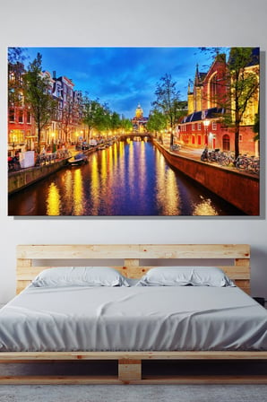 Kanvas Duvar Tablosu Yatay Tekli Salon Mutfak Yatak Odası Ofis Amsterdam Tarih Kanal Gece Işık