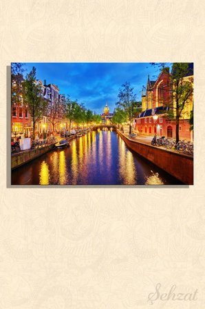 Kanvas Duvar Tablosu Yatay Tekli Salon Mutfak Yatak Odası Ofis Amsterdam Tarih Kanal Gece Işık