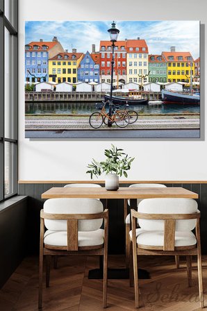 Duvar Tablosu Yatay Kanvas Tekli Ofis Danimarka Kopenhag Kent Bisikletler Nyhavn