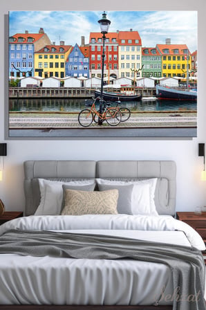 Duvar Tablosu Yatay Kanvas Tekli Ofis Danimarka Kopenhag Kent Bisikletler Nyhavn