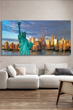 Panoramik Yatay Kanvas Duvar Tablosu Tekli Salon Mutfak Ofis Özgürlük Heykeli Manhattan New York