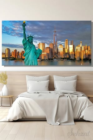 Panoramik Yatay Kanvas Duvar Tablosu Tekli Salon Mutfak Ofis Özgürlük Heykeli Manhattan New York