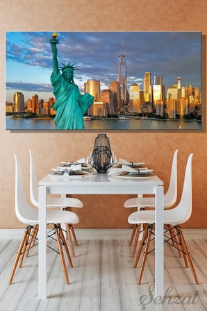 Panoramik Yatay Kanvas Duvar Tablosu Tekli Salon Mutfak Ofis Özgürlük Heykeli Manhattan New York