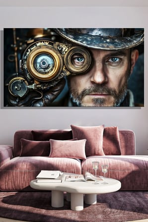 Panoramik Yatay Kanvas Duvar Tablosu Tekli Mutfak Ofis Steampunk Şapka Dişli Mekanizma Fütüristik