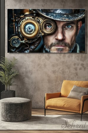 Panoramik Yatay Kanvas Duvar Tablosu Tekli Mutfak Ofis Steampunk Şapka Dişli Mekanizma Fütüristik