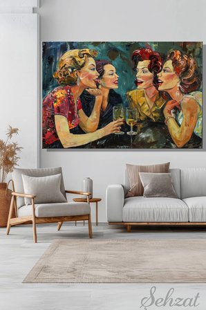 Duvar Tablosu Yatay Kanvas Tekli Salon Mutfak Yatak Odası Ofis Bar Sohbet Şık Kadın Retro Arkadaş