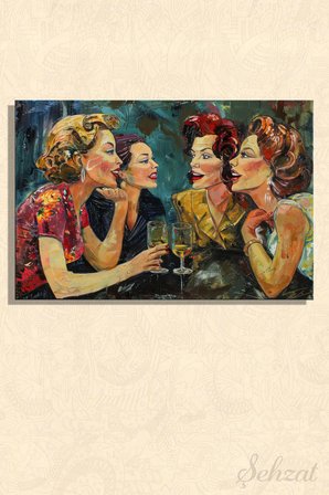 Duvar Tablosu Yatay Kanvas Tekli Salon Mutfak Yatak Odası Ofis Bar Sohbet Şık Kadın Retro Arkadaş