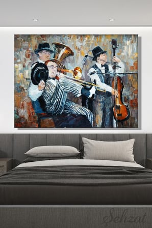 Yatay Kanvas Duvar Tablosu Tekli Salon Mutfak Ofis Caz Müzisyen Trombon Kontrbas Tuba Orkestra