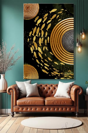 Dikey Kanvas Duvar Tablosu Tekli Salon Mutfak Yatak Odası Ofis Siyah Altın Balık Motif Daire Modern