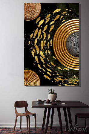 Dikey Kanvas Duvar Tablosu Tekli Salon Mutfak Yatak Odası Ofis Siyah Altın Balık Motif Daire Modern