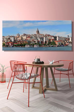 Panoramik Yatay Kanvas Duvar Tablosu Tekli Salon Ofis İstanbul Galata Kulesi Karaköy Beyoğlu Boğaz