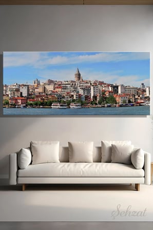 Panoramik Yatay Kanvas Duvar Tablosu Tekli Salon Ofis İstanbul Galata Kulesi Karaköy Beyoğlu Boğaz