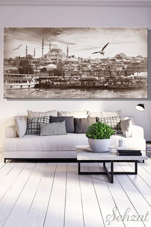 Panoramik Yatay Kanvas Duvar Tablosu Tekli Salon Ofis Nostalji Haliç Süleymaniye Camii Manzara