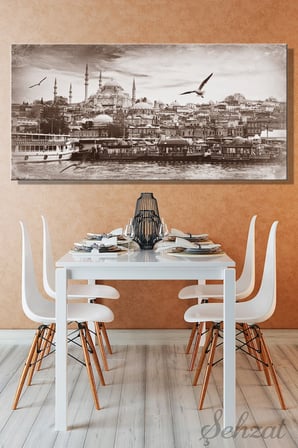 Panoramik Yatay Kanvas Duvar Tablosu Tekli Salon Ofis Nostalji Haliç Süleymaniye Camii Manzara
