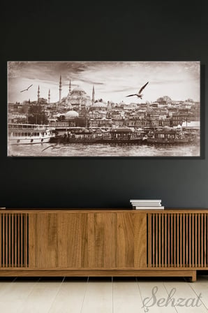 Panoramik Yatay Kanvas Duvar Tablosu Tekli Salon Ofis Nostalji Haliç Süleymaniye Camii Manzara