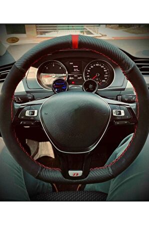 Vw Passat B8 Uyumlu Dikmeli Direksiyon Kılıfı Alkantara Karbon Kırmızı Yüzüklü