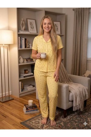 Kadın Kısa Kollu Düğmeli Yumuşak Tuşe Likralı Yazlık Kumaş Pijama Takım