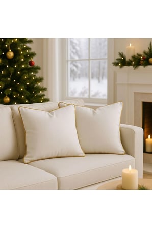 2'li Set Krem - Sarı Biyeli - Dekoratif Kırlent Kılıfı - Modern Yılbaşı Konseptli