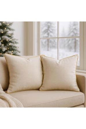 2'li Set Krem - Sarı Biyeli - Dekoratif Kırlent Kılıfı - Modern Yılbaşı Konseptli