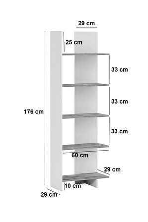 Asimetrik Beş Raflı Kitaplık - Beyaz - Atlantik Çam