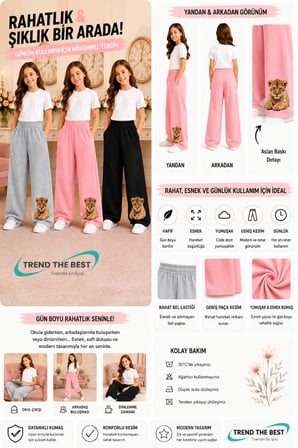 Yazlık Kız Erkek Unisex Çocuk Baggy Kalıp Siyah, Pembe, Gri 3'lü Eşofman Altı Takımı