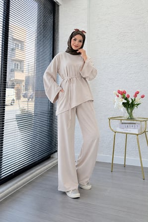 Asimetrik Tunik Pantolonlu Tesettür İkili Takım