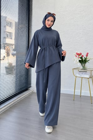 Asimetrik Tunik Pantolonlu Tesettür İkili Takım
