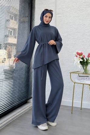 Asimetrik Tunik Pantolonlu Tesettür İkili Takım