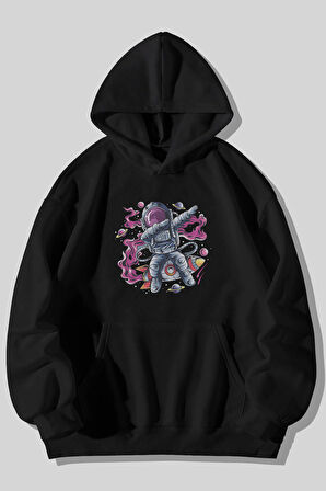 Astronot Baskılı Unisex Siyah Kanguru Cepli Kapüşonlu Sweatshirt Hoodie | L