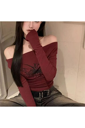Y2K Harajuku Bordo Spider Omuzu Açık Uzun Kollu Crop