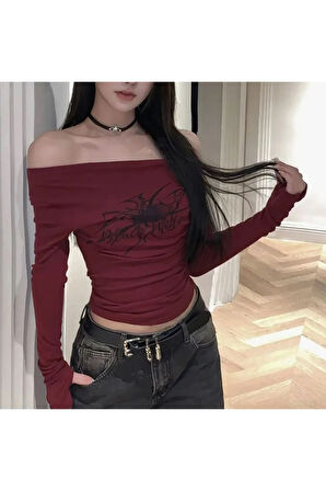 Y2K Harajuku Bordo Spider Omuzu Açık Uzun Kollu Crop