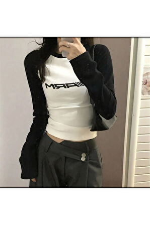 Y2K Arm Baskılı Uzun Kol Crop Bluz