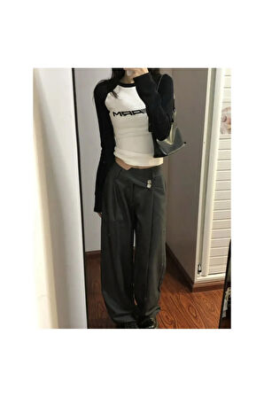 Y2K Arm Baskılı Uzun Kol Crop Bluz