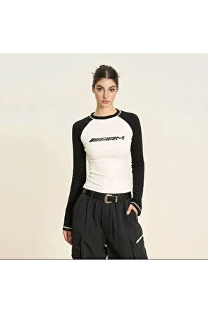 Y2K Arm Baskılı Uzun Kol Crop Bluz