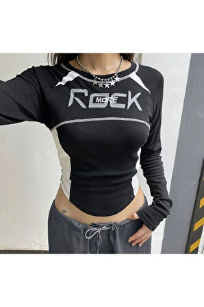 Y2K Harajuku Rock More Uzun Kol Crop Top