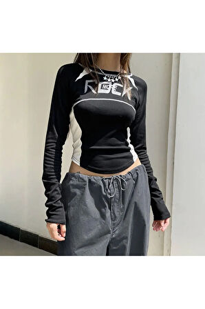 Y2K Harajuku Rock More Uzun Kol Crop Top