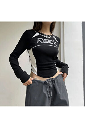 Y2K Harajuku Rock More Uzun Kol Crop Top