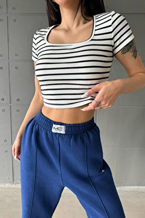 Çizgili Kaşkorse Kare Yaka Crop Top