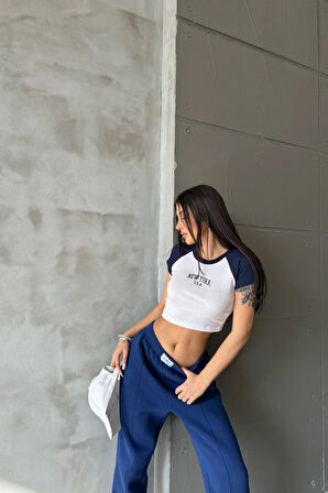 New York Baskılı Garnili Ribana Crop