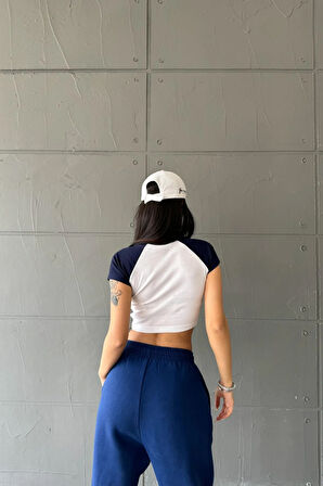 New York Baskılı Garnili Ribana Crop