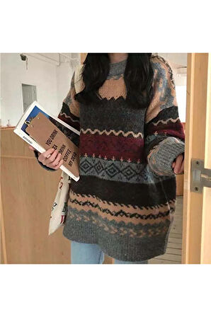 Y2K Harajuku Vintage Etnik Desen Oversize Kazak