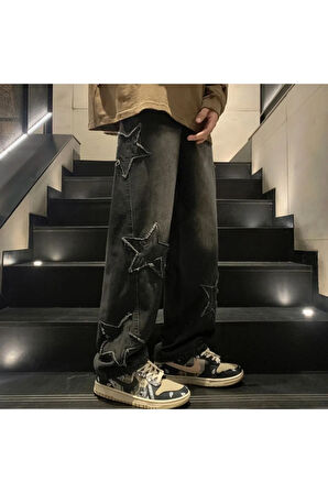 Y2K Recycled Baggy Pocket Jean Pantolon Yıldız Detay
