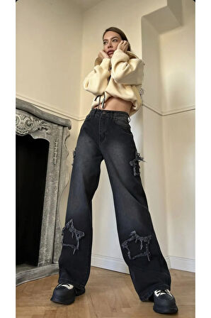 Y2K Recycled Baggy Pocket Jean Pantolon Yıldız Detay