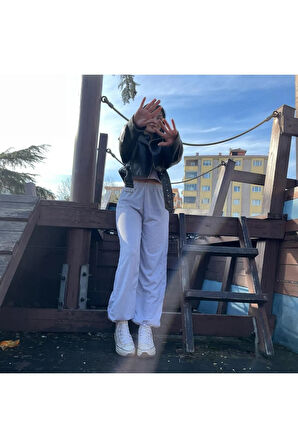 Harajuku Zip Detail Beyaz Oversize Şeritli Eşofman Altı