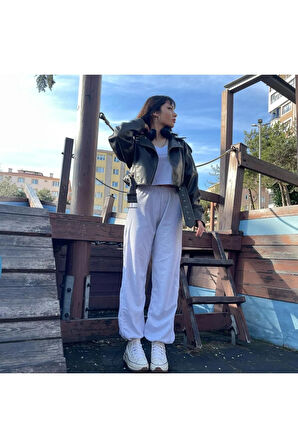 Harajuku Zip Detail Beyaz Oversize Şeritli Eşofman Altı