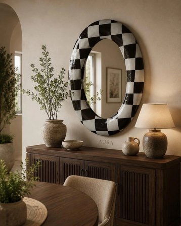 AURA Damalı Tasarım Oval Duvar Aynası