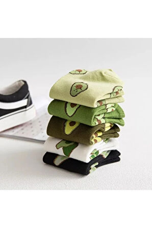 5 Çift Unisex 36-44 Beden Arası Uyumlu Orta Kalınlıkta Renkli Avakado Desenli Çorap Seti Socks Set